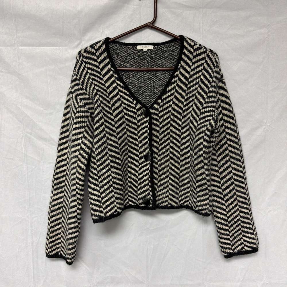 Z SUPPLY Black White Cardi V Neck Button Down Women Size XS Cardigan‎